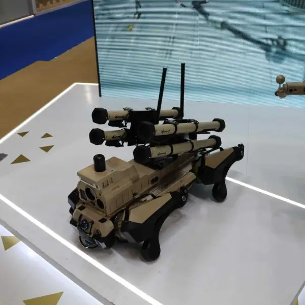 Robotic quadruped combat system displayed at World Defense Show 2026 in Riyadh armed with four compact anti-tank guided missile launchers mounted on its dorsal platform highlighting China’s expanding unmanned ground combat capabilities.