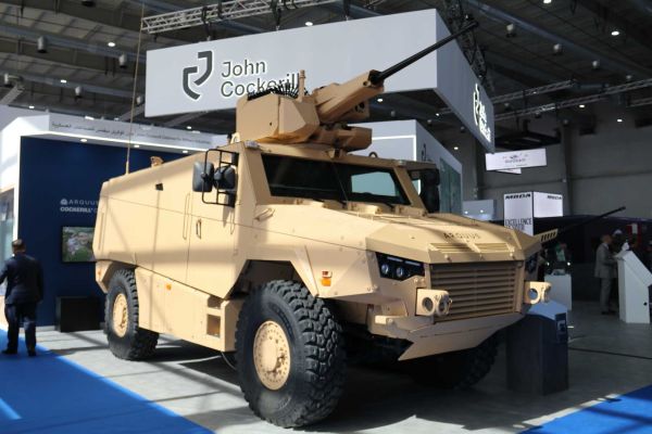 ARQUUS MAV’RX 4x4 armored vehicle displayed at WDS 2026 in Saudi Arabia, fitted with the John Cockerill Defense CLWS unmanned weapon station armed with a medium-caliber automatic cannon.