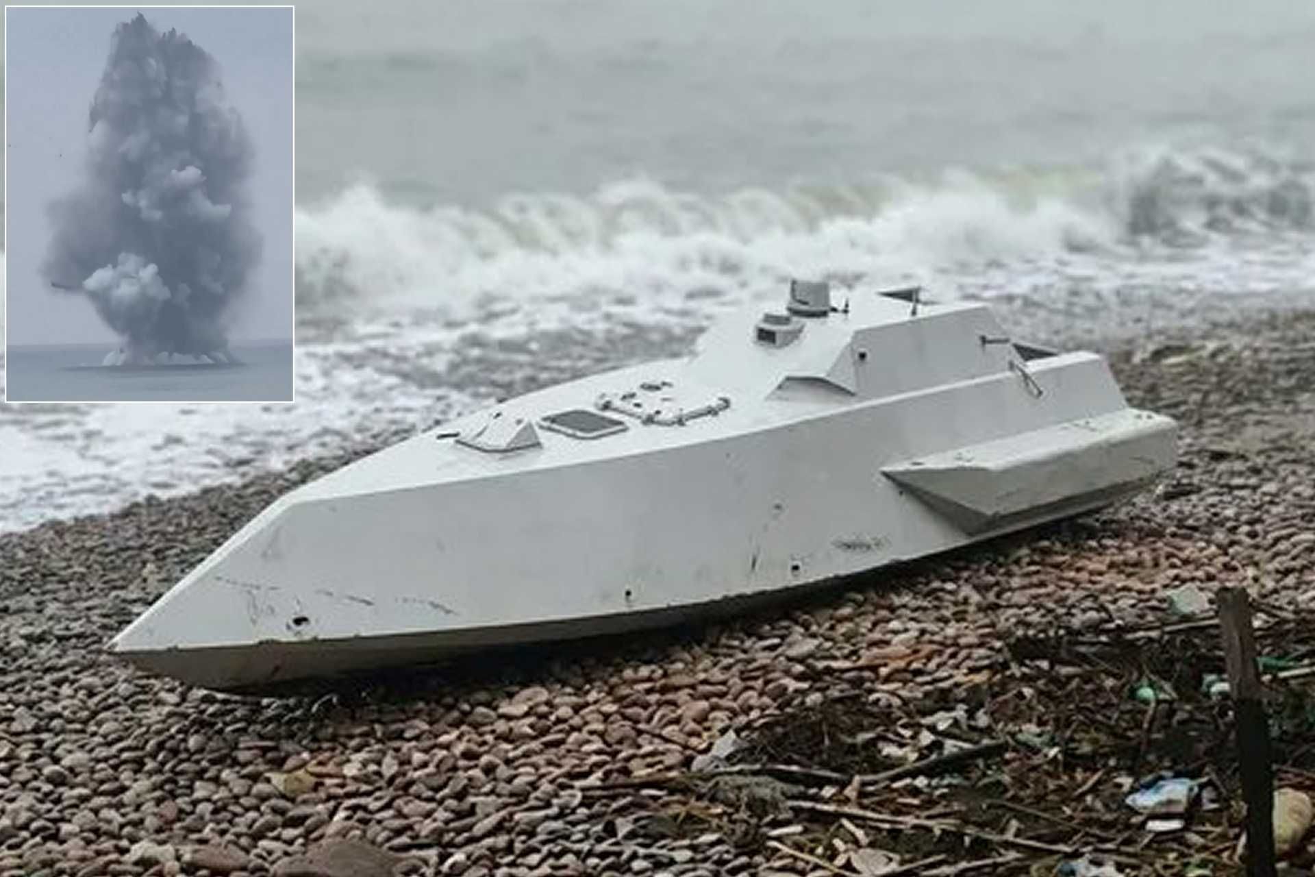 The U.S.-made AEGIR-W naval drone was towed approximately four kilometers offshore before being destroyed in a controlled detonation explosion described as significant, consistent with a payload capacity potentially reaching up to 300 kilograms of explosive. (Picture source: X/DylanMalyasov and ALiBakr53)