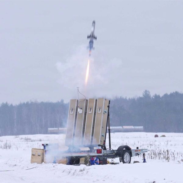 An IonStrike counter-UAS interceptor launches from a multi-cell launcher during Project Bullfrog testing on February 4, 2026, at an undisclosed location in Europe, demonstrating a new low-cost kinetic defense capability against one-way attack drones.