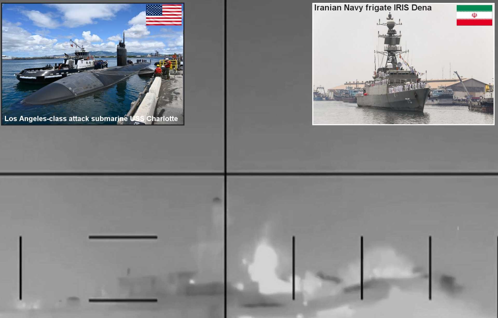  Screenshot from video footage released by U.S. Central Command showing the Iranian Navy Moudge-class frigate IRIS Dena during the sinking process in the Indian Ocean after reportedly being struck by MK-48 torpedoes fired by the U.S. Navy Los Angeles-class attack submarine USS Charlotte (SSN-766).