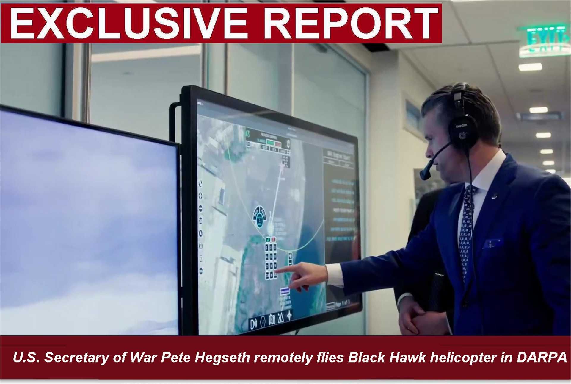 U.S. Secretary of War Pete Hegseth operates a UH-60 Black Hawk helicopter remotely via a video screen during a live demonstration at DARPA headquarters, November 14, 2025. 
