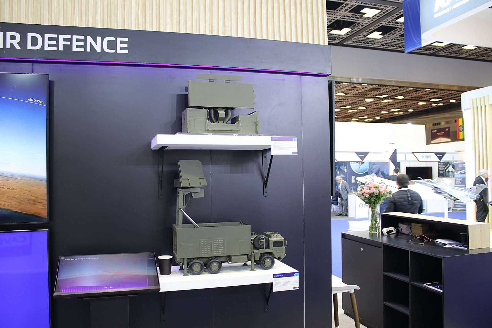 Scale models of the Thales GM200 MM/A and GM400α radar systems on display at the Thales booth during DIMDEX 2026 in Doha, showcasing Qatar’s next-generation air surveillance assets aimed at strengthening national airspace sovereignty.