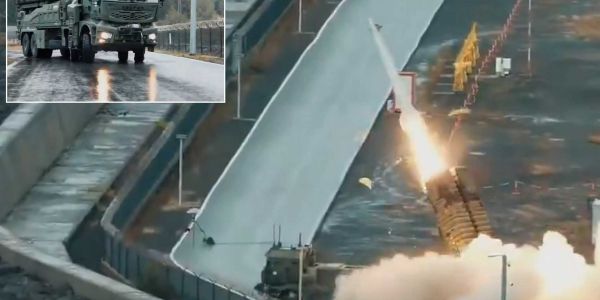 Turkish defense industry footage shows the test fire of the Roketsan-developed Tayfun hypersonic ballistic missile, launched from a dual-container TEL (Transporter Erector Launcher) 8x8 truck.