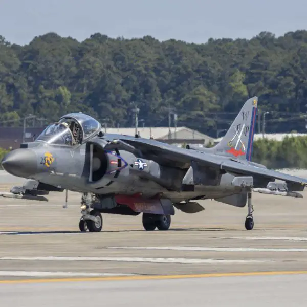 An AV-8B Harrier II of U.S. Marine Corps VMA-223 taxis at MCAS Cherry Point during the June 2026 Harrier Sundown Ceremony. The event marked the retirement of the last operational Harrier squadron and the completion of the U.S. Marine Corps' transition to the F-35 Lightning II. (Picture source: U.S. Department of War/Defense)