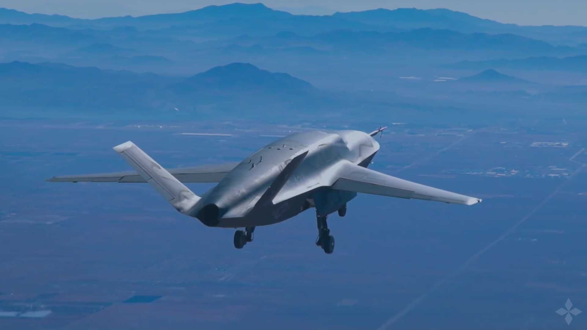 General Atomics' YFQ-42A, one of the two CCAs selected by the U.S. Air Force, incorporates an elongated fuselage, slender wings, a dorsal-mounted intake, V-tails, and an internal weapons bay planned for two AIM-120 AMRAAM missiles. (Picture source: General Atomics)