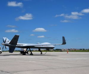 General Atomics MQ-9B SkyGuardian is a medium-altitude, long-endurance unmanned aerial vehicle equipped with advanced radar and electro-optical sensors for maritime surveillance, target tracking, and strategic intelligence collection.