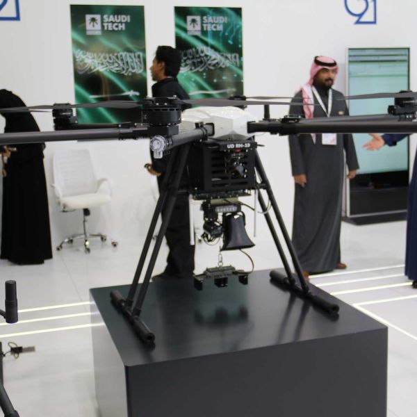 The RH-19 rescue drone developed by Saudi defense company United Defense is displayed during the World Defense Show 2026 in Riyadh, highlighting the Kingdom’s growing capability in indigenous emergency response unmanned systems.