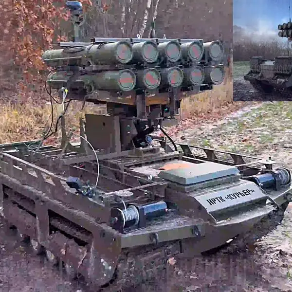 The modified Courier system is a compact tracked unmanned vehicle fitted with a roof mounted Shmel thermobaric rocket module that delivers short range incendiary or blast focused strikes through a remotely operated, sensor guided launcher block (Picture Source: Russian Social Media)
