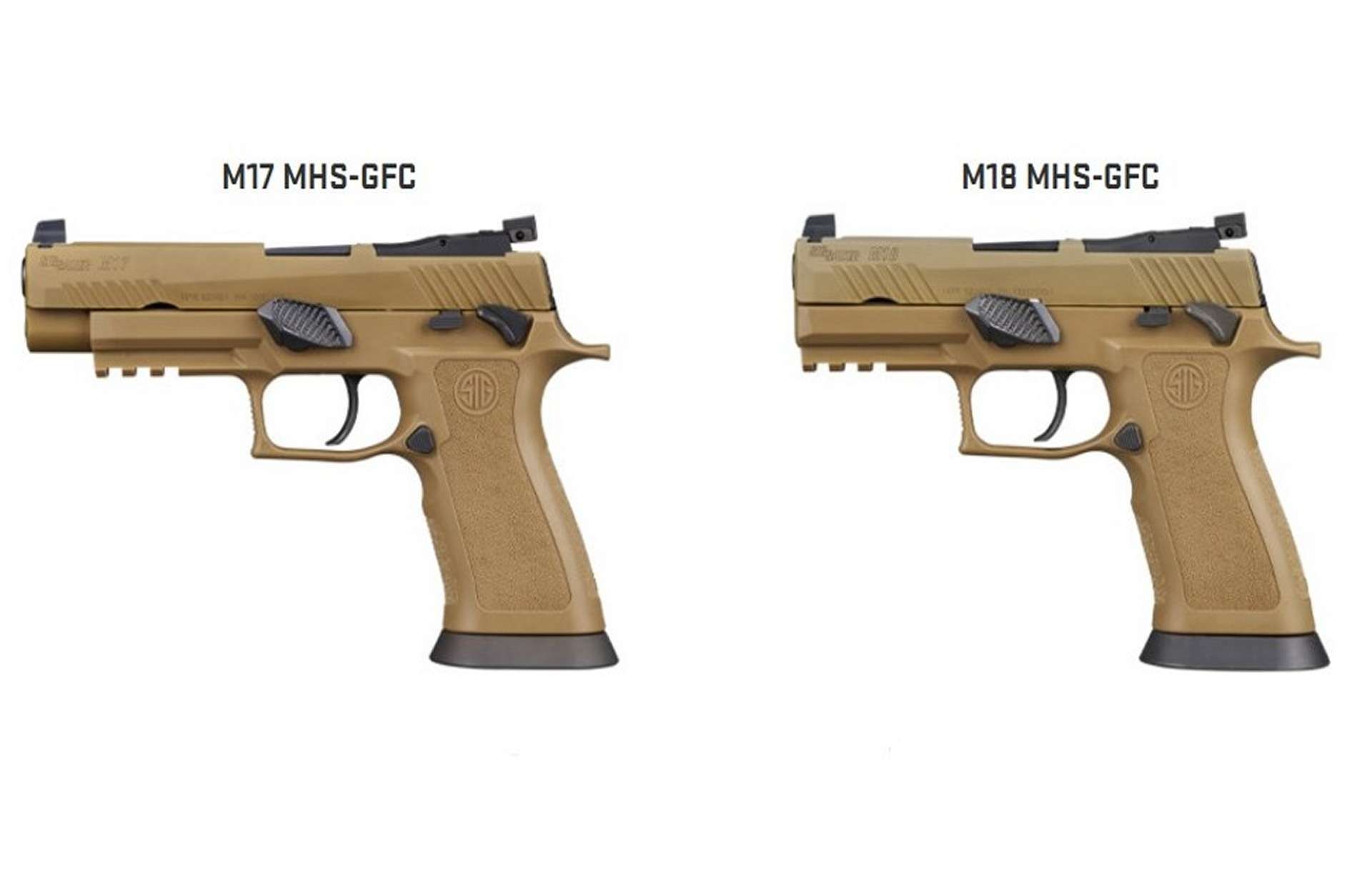 The new M17 and M18 General Forces Configuration pistols feature a modular P320 fire-control unit, optics-ready slides, interchangeable grips, and enhanced controls that deliver faster handling, greater accuracy, and superior reliability for U.S. service members (Picture source: SIG SAUER).