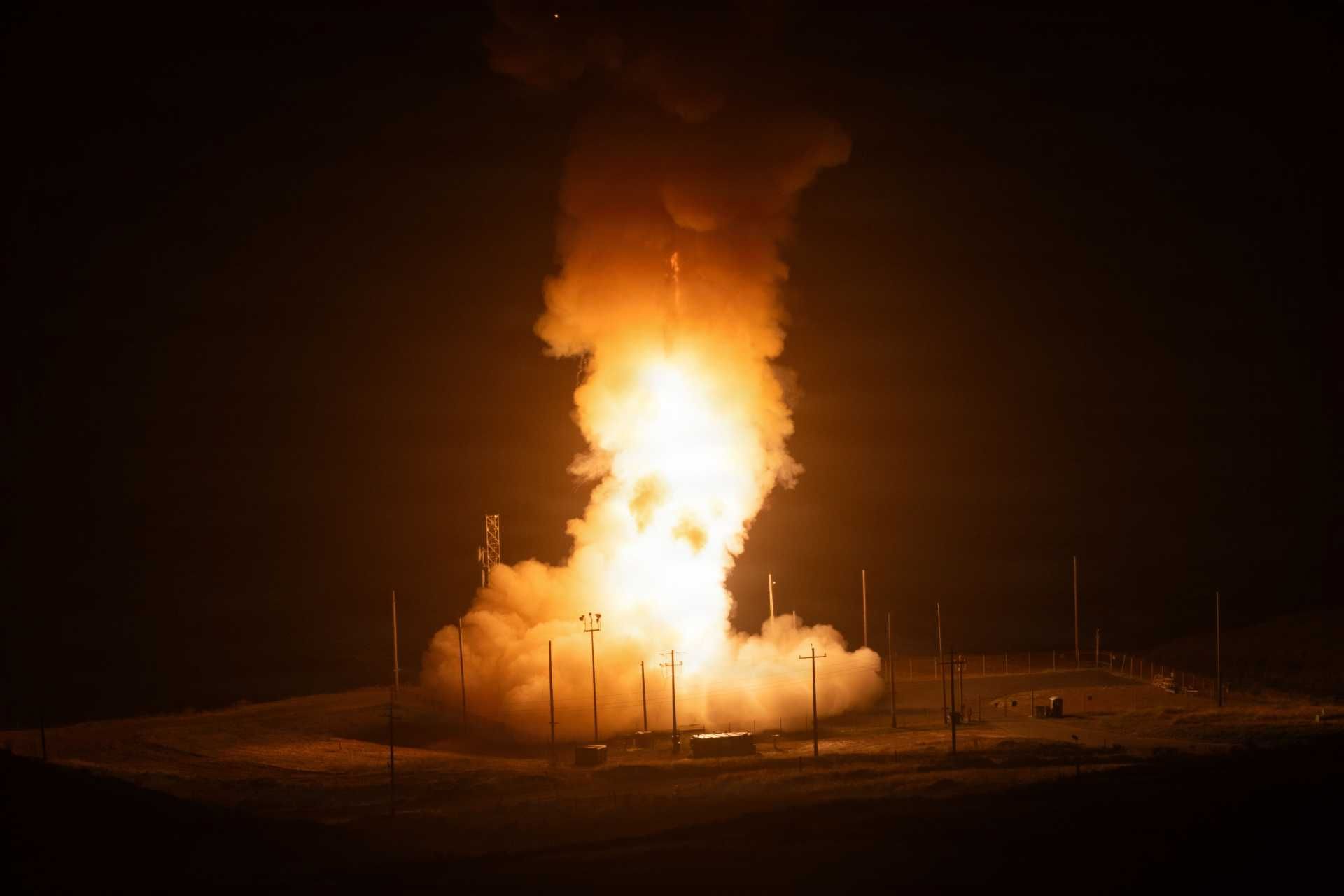 An unarmed U.S. Air Force LGM-30G Minuteman III intercontinental ballistic missile launches from Vandenberg Space Force Base, California, during operational test GT-256 on May 20, 2026. The nighttime test validated the readiness, reliability, and combat effectiveness of the United States’ land-based nuclear deterrent force.