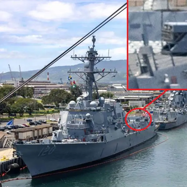 U.S. Navy destroyer USS Carl M. Levin appears with a newly installed mystery launcher that could signal a major step toward cheaper, layered shipboard defense against drones and other short-range aerial threats (Picture source: U.S. DoW).