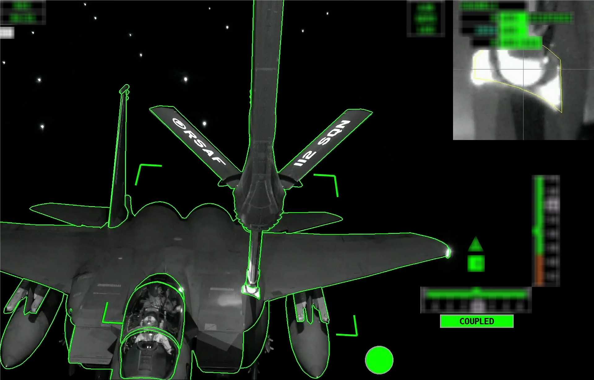 An Airbus A330 MRTT tanker aircraft operated by the Republic of Singapore Air Force (RSAF) conducts fully automatic air-to-air refuelling of an RSAF F-15 fighter during a night mission using the A3R system, illustrating the world-first certified autonomous refuelling capability.