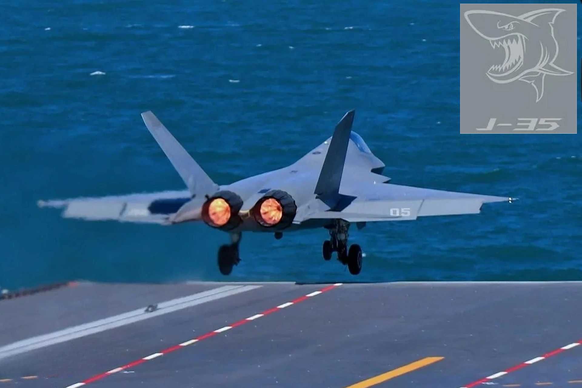 The navalized J-35 prototype conducted its first flight on October 29, 2021, featuring a catapult launch bar, folding wings, and a reinforced landing gear optimized for carrier use. (Picture source: Chinese MoD and Reddit/Devil_R22)