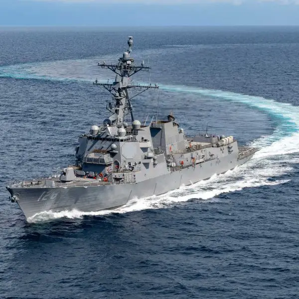 The U.S. Navy USS Ted Stevens (DDG 128), a Flight III Arleigh Burke-class destroyer, sails at sea during trials.