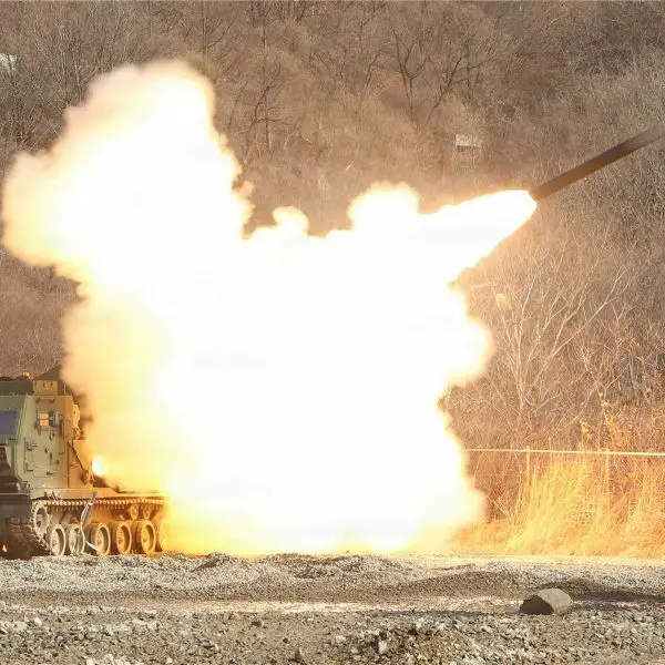 U.S. Army soldiers from Charlie Battery, 1-38th Field Artillery Regiment, fire the newly upgraded M270A2 Multiple Launch Rocket System during the first live-fire exercise with the system on the Korean Peninsula at Rocket Valley, South Korea, December 11, 2025, marking a key milestone in U.S. Army artillery modernization efforts in the region.