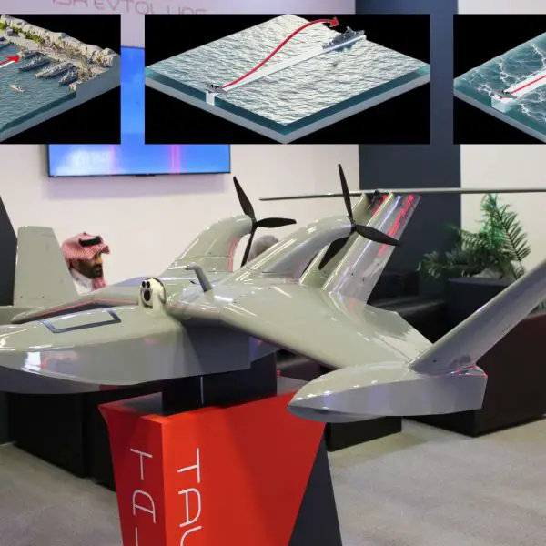 Turkish manufacturer Solid Aero unveiled its TALAY sea-skimming kamikaze UAV at Dimdex 2026 in Doha, highlighting how low-altitude unmanned systems are emerging as a new maritime strike threat (Picture Source: Army Recognition Group / Solid Aero)