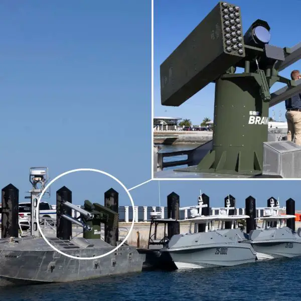 Textron’s CUSV unmanned surface vessel equipped with SNC’s BRAWLR launcher during FLEX 2026 in Key West, demonstrating a mobile short-range air-defense capability using 70 mm laser-guided rockets to counter drones and low-flying threats while extending fleet protection without risking crewed ships (Picture source: U.S. DoW).