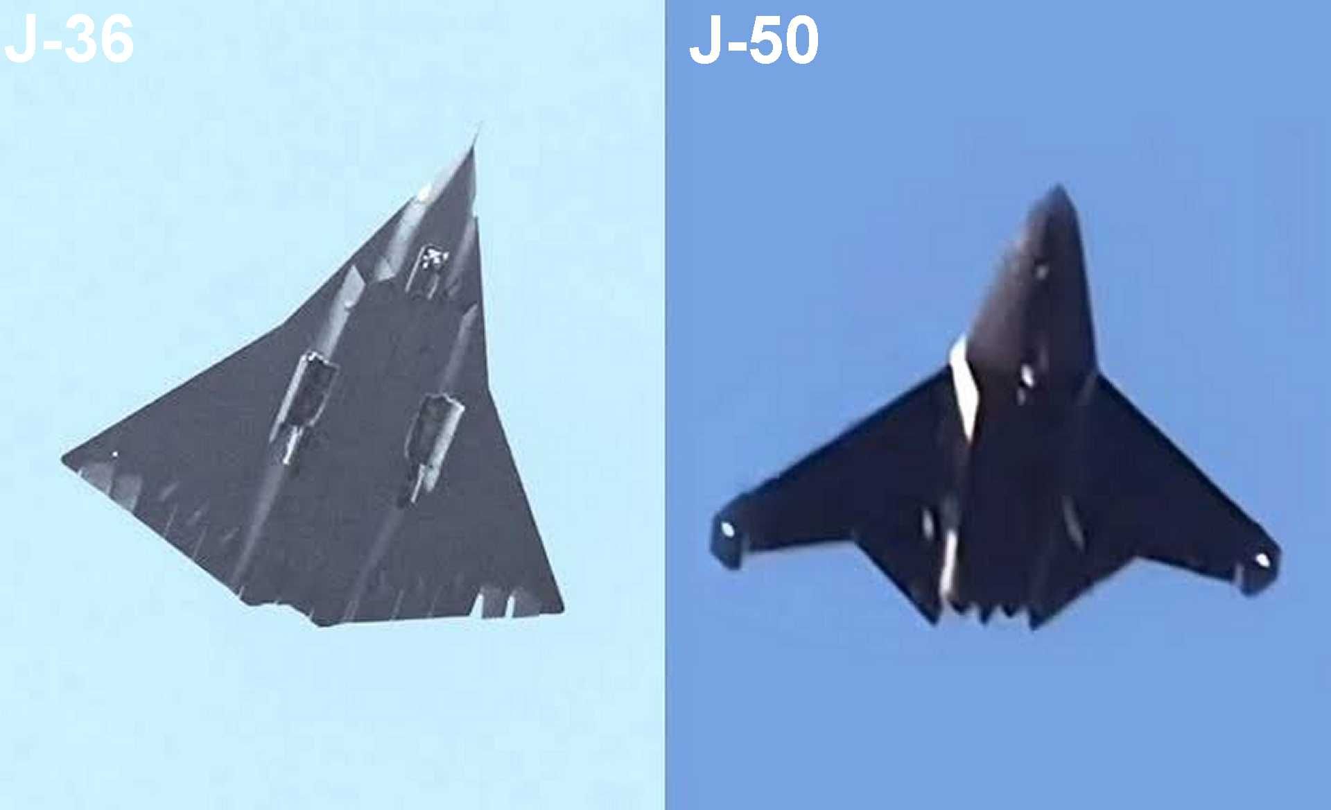Side-by-side comparison: China’s sixth-generation fighter prototypes – the Chengdu J-36 (left) optimized for long-range air superiority, and the Shenyang J-50 (right) designed for future carrier-based operations.