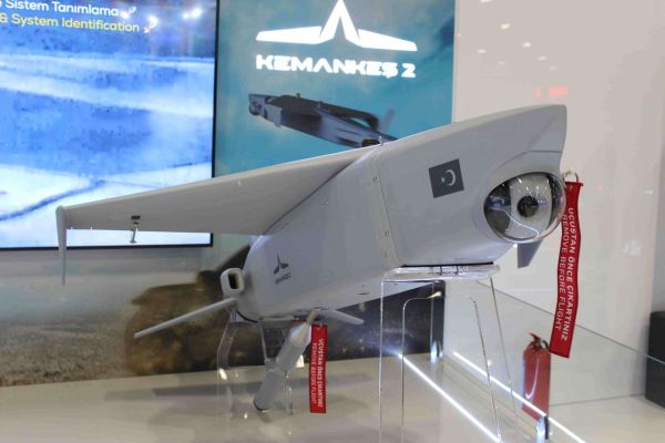 Baykar’s KEMANKEŞ 2 mini intelligent cruise missile, shown at SAHA 2026 in Istanbul, is a 75 kg jet-powered precision weapon with a 150 km range, 20 kg payload, electro-optical/GNSS guidance, and vehicle-based launch capability for mobile long-range strike missions (Picture source: Army Recognition Group).