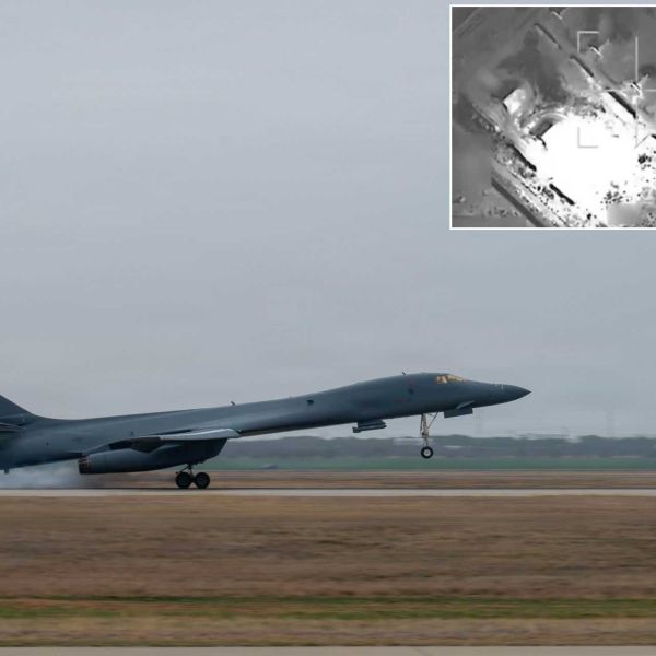 A U.S. Air Force B-1B Lancer operates in support of CENTCOM’s Operation Epic Fury, March 2026. Open-source intelligence analysis of circulating footage suggests the possible use of bunker-buster munitions in strikes against hardened targets, although this remains unconfirmed. (U.S. Air Force photo)