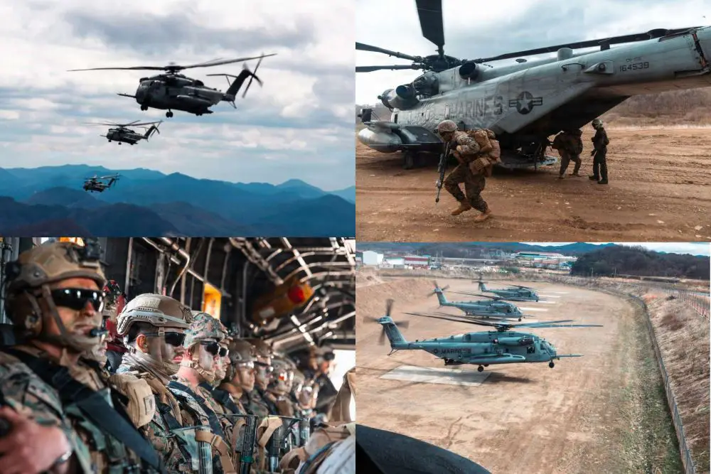 U.S. Marines demonstrated rapid battlefield mobility in South Korea by inserting 12th Littoral Combat Team forces via CH-53E Super Stallion helicopters during a combined air assault exercise, reinforcing allied readiness and deterrence on the Korean Peninsula (Picture Source: U.S. INDOPACOM)