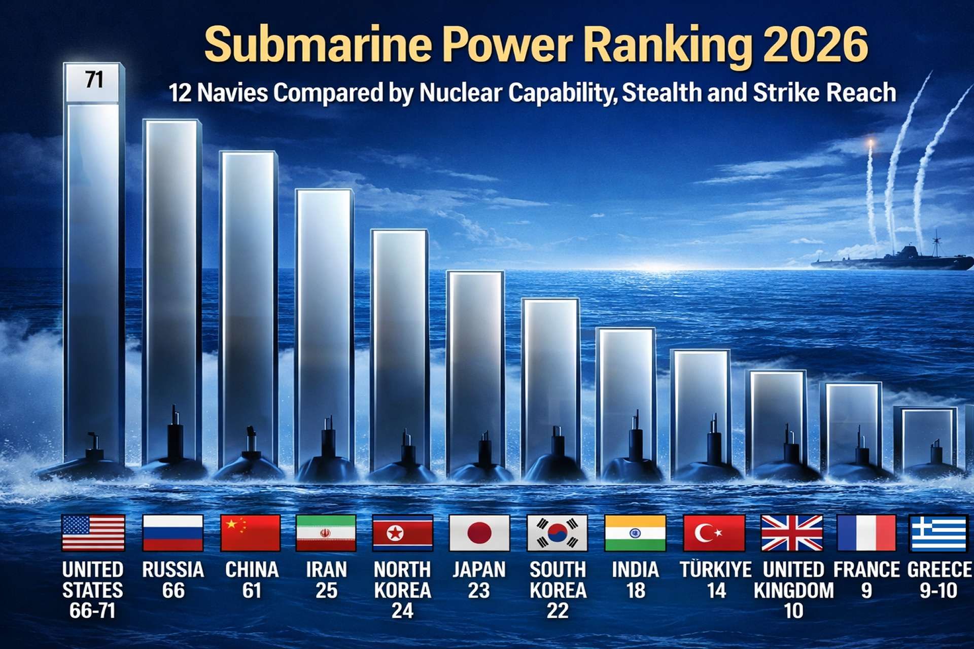 From nuclear deterrence to coastal sea denial, the world’s leading submarine fleets in 2026 are defined not only by numbers, but by the types of boats they field, the missions they perform, and the doctrines they support (Picture source: Army Recognition Edit).