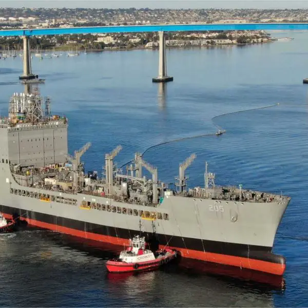 A U.S. Navy John Lewis-class fleet replenishment oiler conducts operations at sea. The future T-AO 217 will provide fuel, dry cargo, and aviation support to deployed naval forces, extending the endurance and operational reach of U.S. warships during sustained maritime operations.