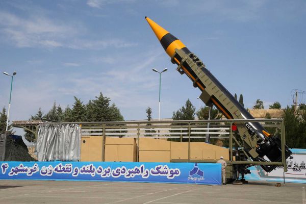 Khorramshahr-4 medium-range ballistic missile displayed by Iran. The missile is reportedly used in the March 6, 2026 strikes targeting military bases in Qatar and Bahrain.