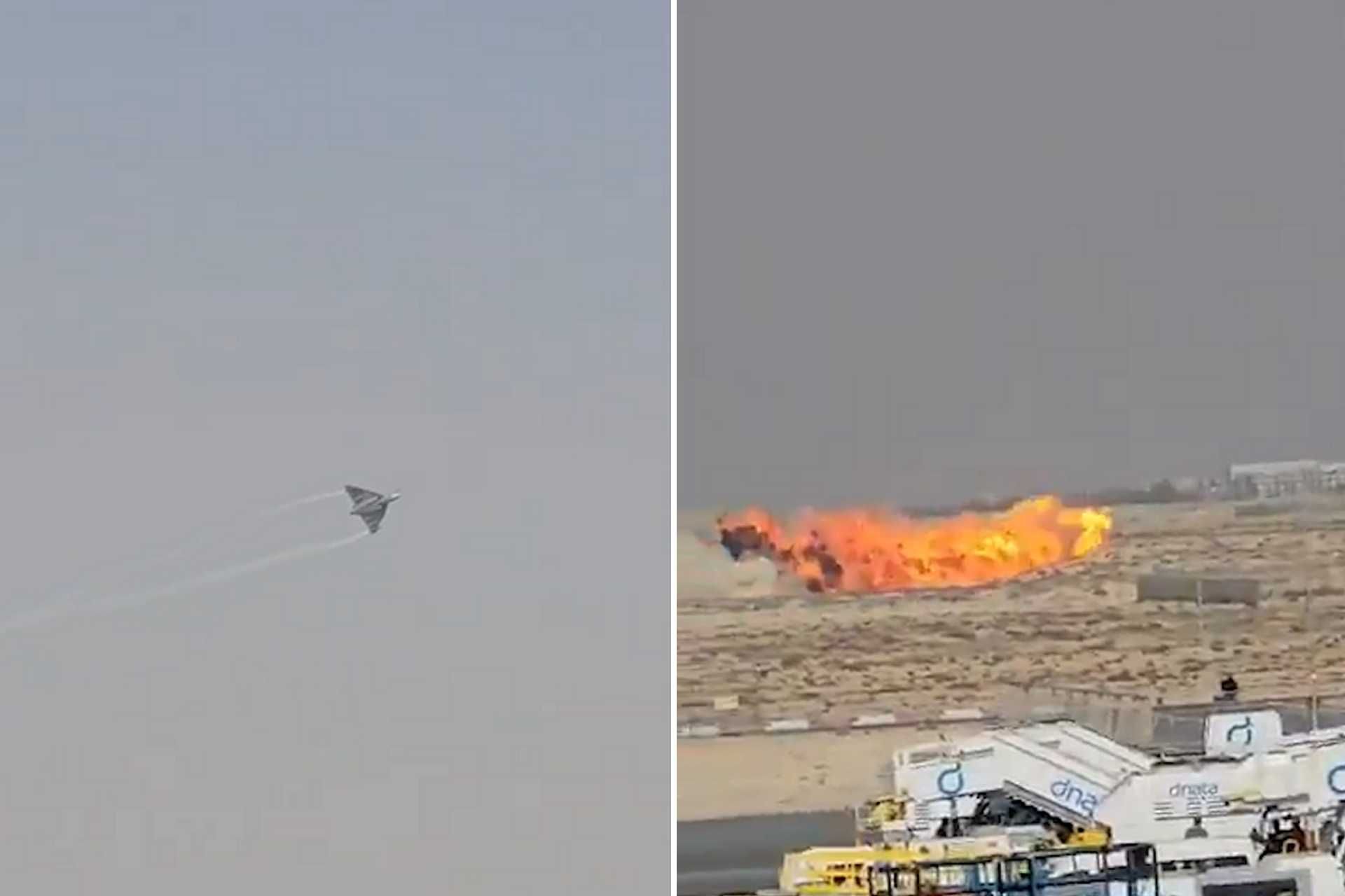 An Indian Air Force Tejas Light Combat Aircraft seen moments before and during its fatal crash at Dubai Airshow 2025, where the fighter lost control during a low-altitude aerobatic maneuver, resulting in the death of the pilot and raising urgent questions about the jet’s flight safety and system reliability.