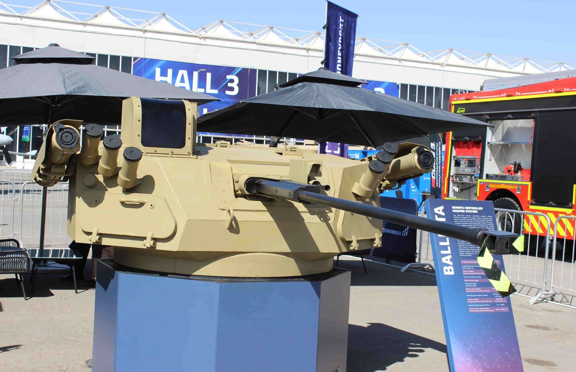 Ballista remote-controlled weapon station pairs a 30 mm 2A42 cannon with a coaxial 7.62 mm PKTM, twin Konkurs-M anti-tank guided missiles, and 81 mm smoke launchers, delivering 360-degree remote firepower with -5 to +70 degree elevation and day-night electro-optical sights for armored vehicle upgrades and perimeter defense (Picture source: Army Recognition Group).