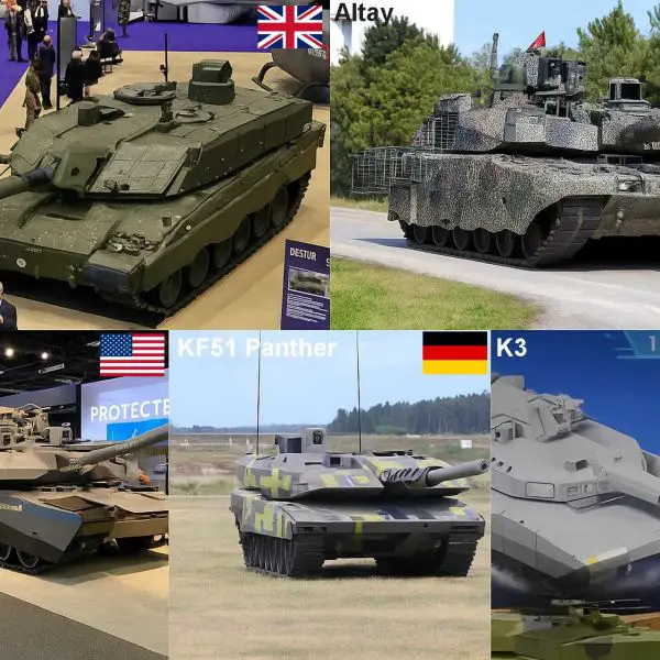 Visual lineup of the world’s most advanced next-generation main battle tanks in 2025: South Korea’s K3 concept model, Germany’s KF51 Panther in Hungarian trials, the U.S. M1E3 Abrams design evolution, Turkey’s newly fielded Altay, and the UK’s Challenger 3 during live-fire evaluation.