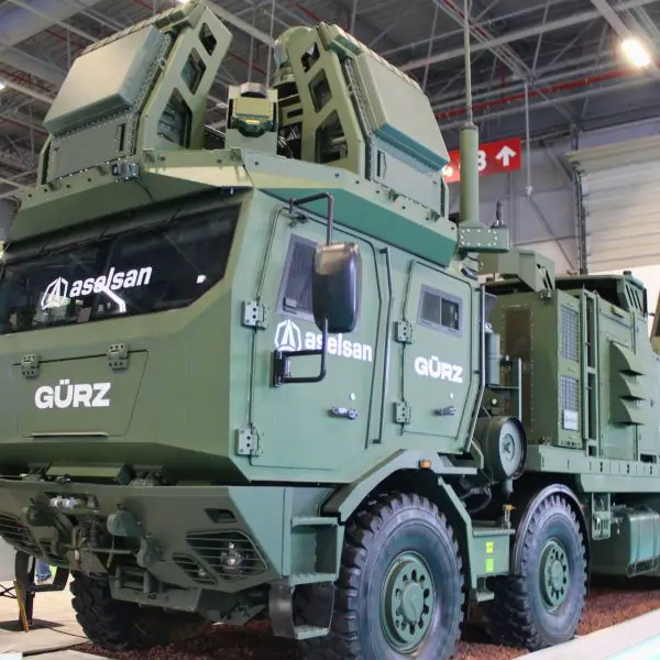 GÜRZ is a mobile short-range air defense vehicle integrating AESA radar, electro-optical sensors, and combined gun and missile systems to engage low-altitude threats such as drones, helicopters, and cruise missiles. (Picture source: Army Recognition)