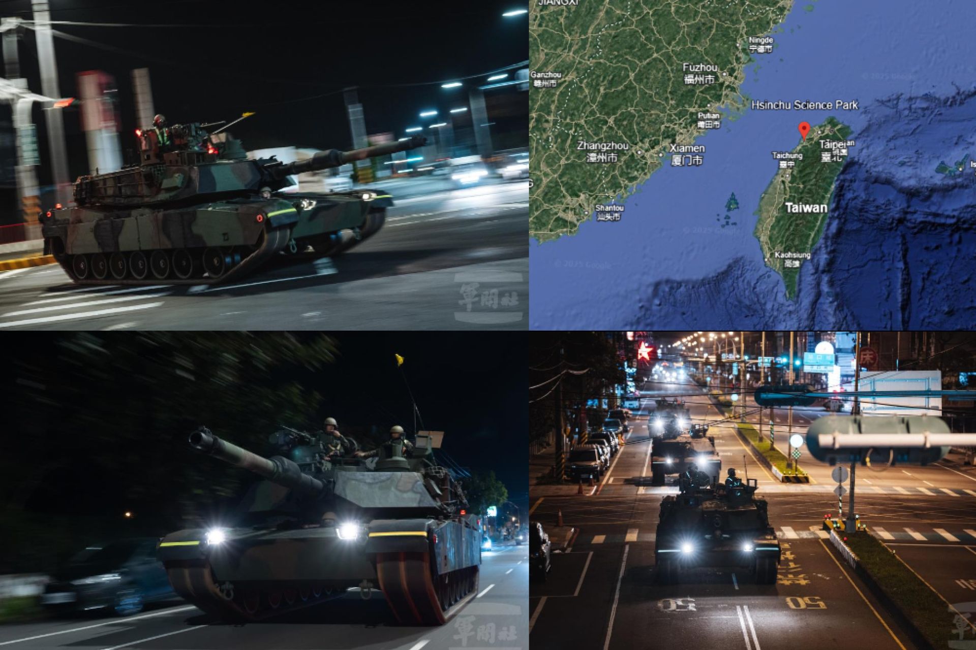 Taiwan’s 584th Armored Brigade rolled its newly commissioned U.S.-made M1A2T Abrams tanks through a combat-readiness drill around Hsinchu, rehearsing how heavy armor, infantry vehicles, and missile teams would defend the island’s high-tech heartland under growing Chinese military pressure (Picture source: Taiwan’s Military News Agency / Google Earth)