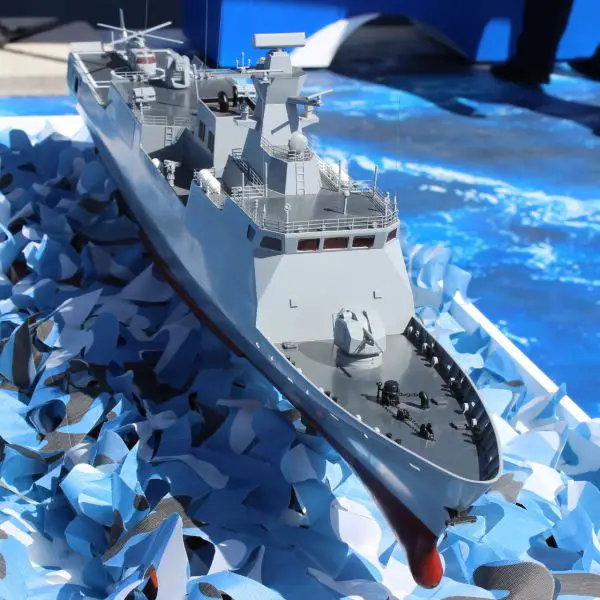 The Type 056 Jiangdao, presented by China State Shipbuilding Corporation as a 1,500-ton light frigate at the World Defense Show 2026.