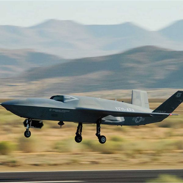 GA-ASI’s YFQ-42A takes to the skies during flight testing, demonstrating the autonomy and modular architecture now being evaluated by the U.S. Marine Corps under the MUX TACAIR CCA program