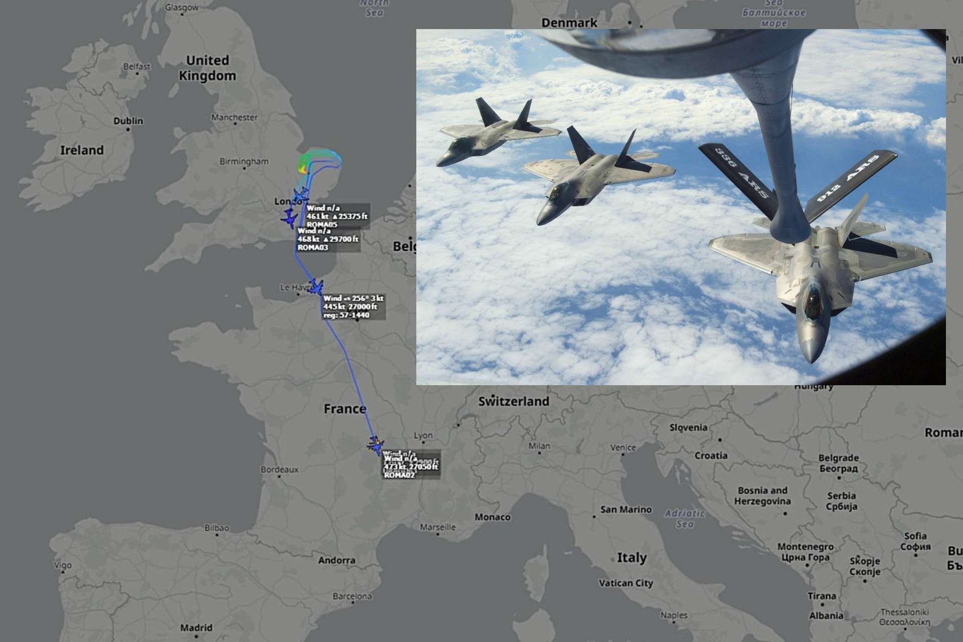 Twelve US Air Force F-22 Raptors departed RAF Lakenheath under tanker escort toward the CENTCOM theater, signaling a major shift in US airpower posture amid escalating tensions with Iran (U.S. Air Force/Flightradar24)
