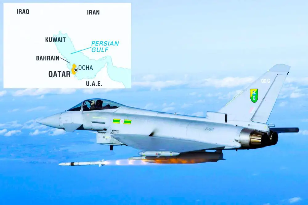 This image shows a 3(F) Squadron RAF Eurofighter Typhoon based at RAF Coningsby firing an ASRAAM missile at a Mirach target drone’s towed flare pack over the Aberporth range in Wales, and is for illustrative purposes only, not from the operation itself (Picture Source: Britannica UK Ministry of Defence)