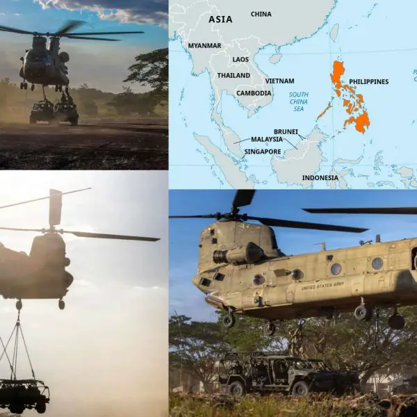 The U.S. Army used a CH-47F Chinook to airlift two M1301 Infantry Squad Vehicles during Exercise Salaknib 2026 in the Philippines, demonstrating rapid island combat mobility for Indo-Pacific defense operations (Picture Source: U.S. Army/Bitannica, edited by Army Recognition Group)