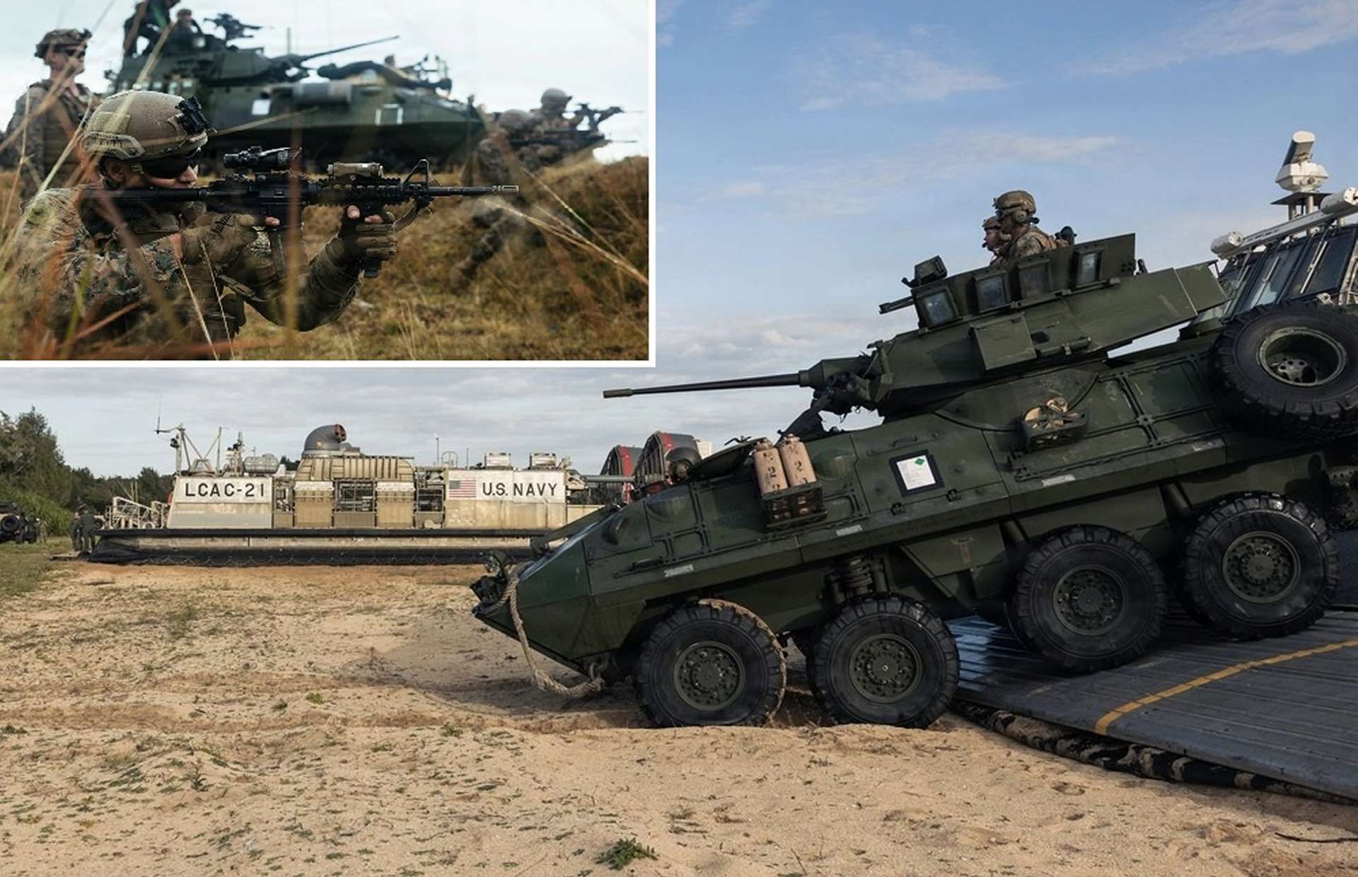 U.S. Marine Corps LAV-25 8x8 light armored reconnaissance vehicle, combining high mobility with stabilized 25 mm firepower and day-night thermal sights to scout, screen, and provide overwatch during ship-to-shore operations (Picture source: U.S. DoW).
