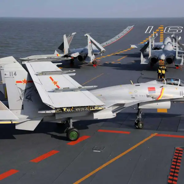 Chinese J-15 fighter jets on the deck of the aircraft carrier Liaoning during recent Chinese Navy operations. The carrier’s air wing was involved in a radar lock-on incident against Japanese military aircraft near Okinawa, reflecting China's increasingly assertive carrier-based air power and rising tensions in the East China Sea.
