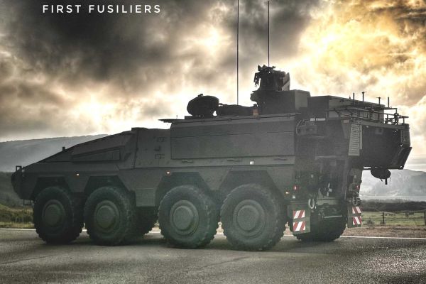 British Army soldiers from the 1st Battalion, Royal Regiment of First Fusiliers conduct live firing with a Boxer Infantry Carrier Vehicle equipped with a Protector RS4 Remote Weapon System during range training as part of the unit’s transition from Warrior to Boxer.