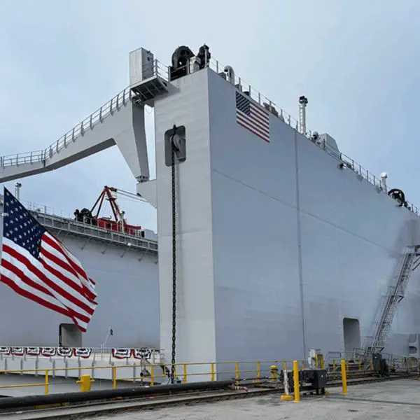 The floating dry dock Atlas will be essential to the Columbia-class program, providing the specialized launch and maintenance capacity needed to assemble, service, and sustain the U.S. Navy’s next-generation ballistic missile submarines. (Picture source: Bollinger Shipyards)