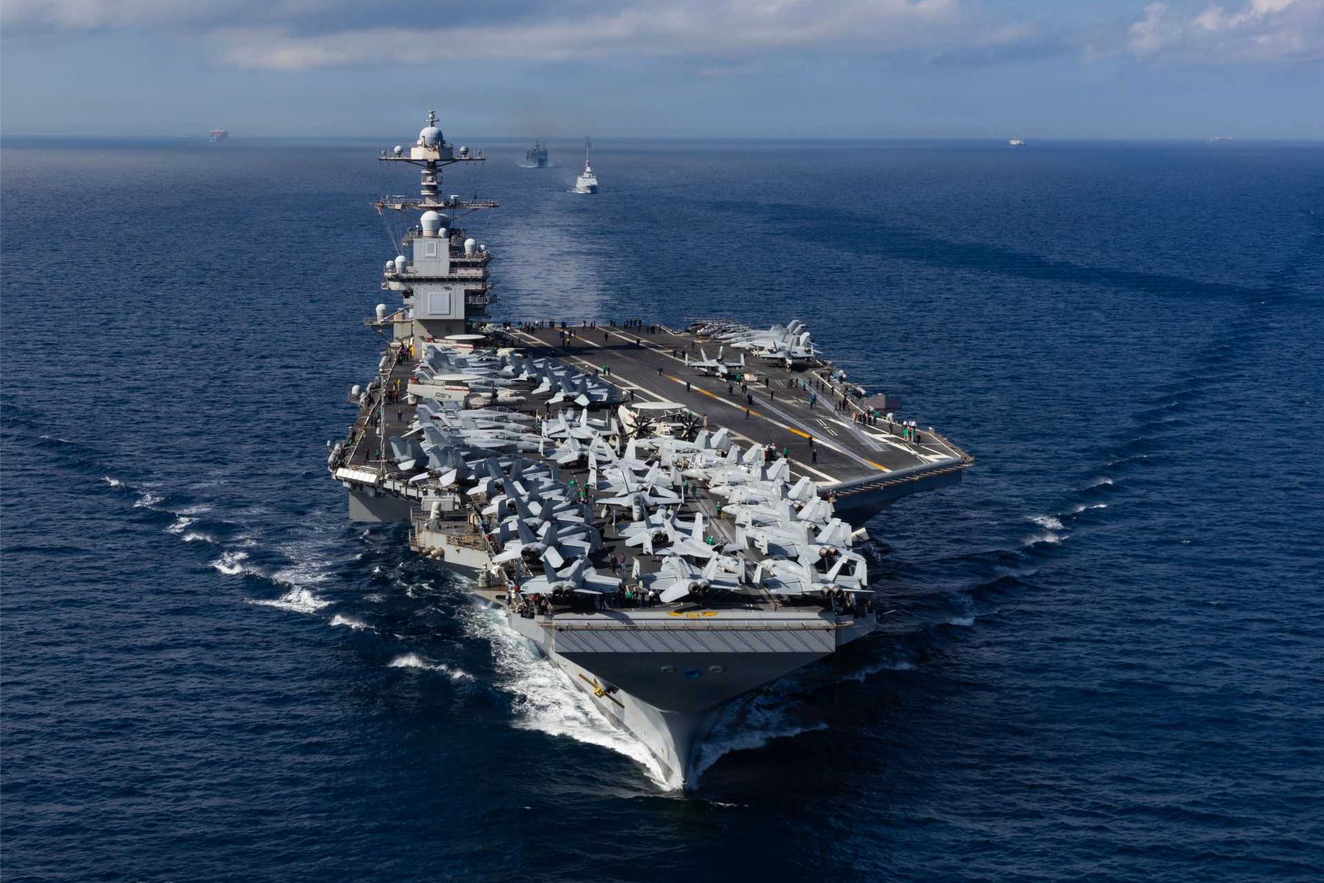 The U.S. Navy USS Gerald R. Ford Carrier Strike Group, the U.S. Navy’s most advanced maritime combat formation, includes the nuclear-powered aircraft carrier USS Gerald R. Ford (CVN-78), equipped with next-generation launch and radar systems, supported by Arleigh Burke-class guided-missile destroyers.