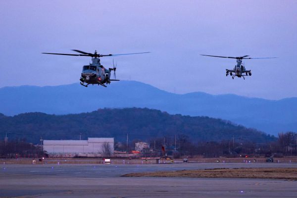 U.S. Marines assigned to Marine Light Attack Helicopter Squadron 369, Marine Aircraft Group 36, 1st Marine Aircraft Wing, arrive at Osan Air Base, Gyeonggi-do, South Korea, on March 19, 2026, to support Korea Marine Exercise Program (KMEP) 26.1.