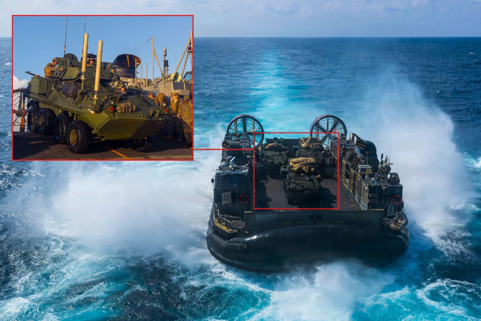 U.S. Navy LCAC launched from USS Boxer carrying three Marine Corps LAV-25 reconnaissance vehicles during South China Sea operations, showcasing the ability of forward-deployed amphibious forces to rapidly project mechanized combat power ashore in a contested Indo-Pacific environment (Picture Source: U.S. Navy)