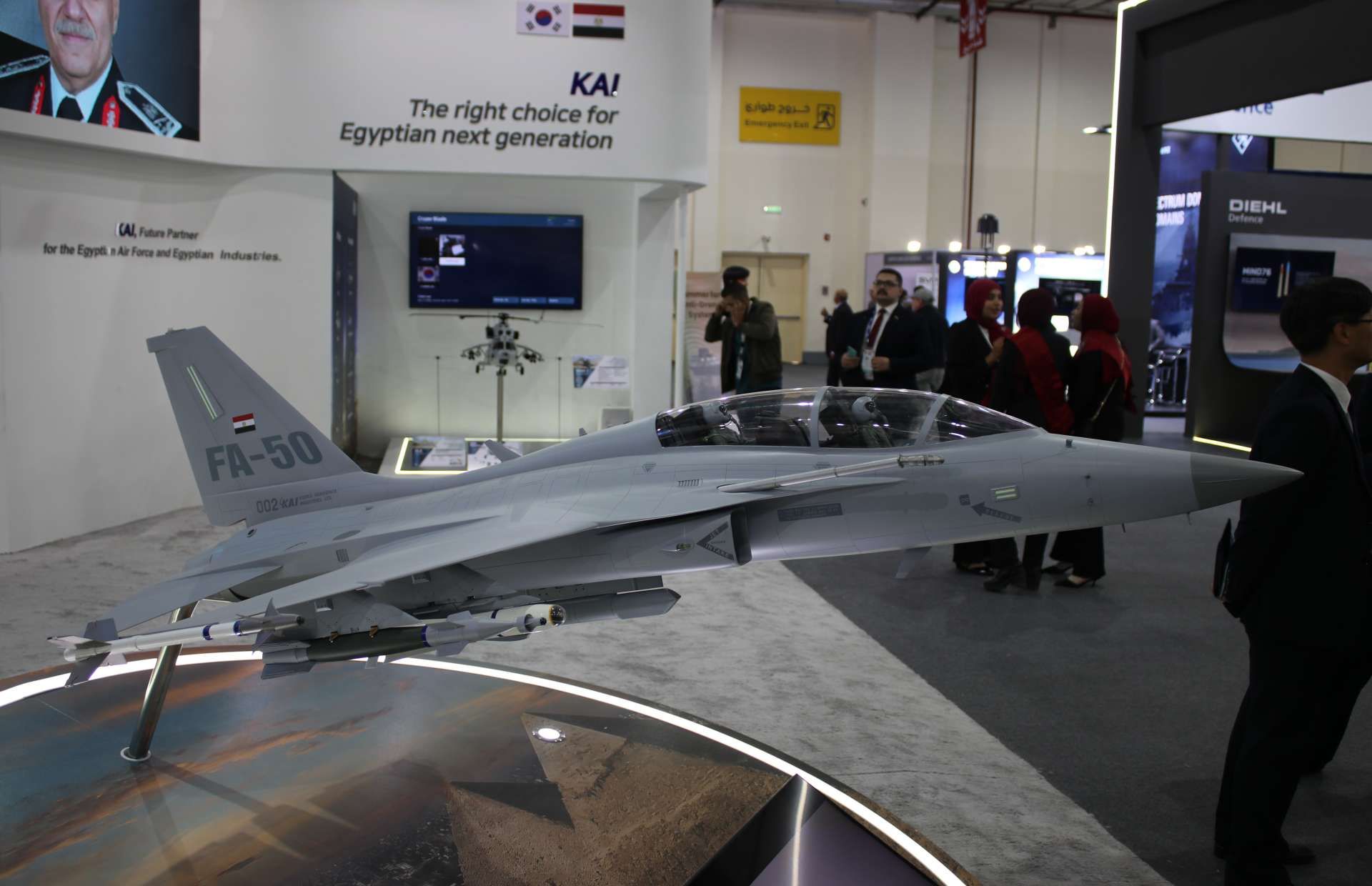FA-50 on display at EDEX 2025, highlighting its 20 mm cannon, air-to-air missiles, guided bombs and rockets, all cued by advanced targeting pods and self-protection suites for true multirole combat employment (Picture source: Army Recognition Group).