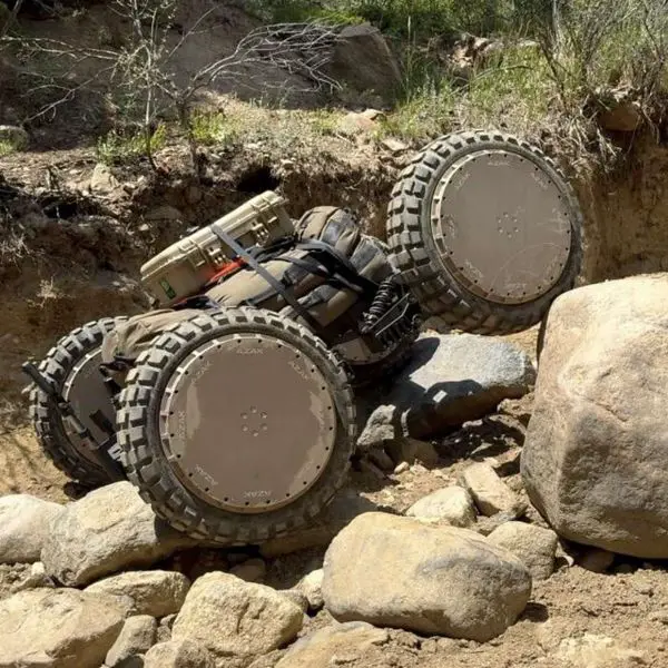 AZAK’s wheel-centric unmanned mobility system integrates motor, battery, and control electronics inside each wheel, enabling chassis-free platforms with high torque, low center of gravity, rapid assembly, and strong off-road performance for logistics, casualty evacuation, and autonomous ground missions (Picture source: AZAK).