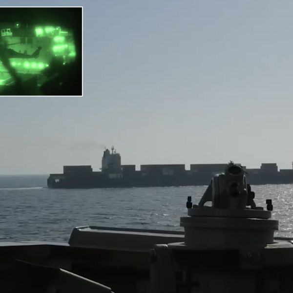 Screenshots from U.S. Central Command footage showing the pursuit of the Iranian-flagged cargo vessel Touska by a U.S. Navy ship in the Arabian Sea, and  the helicopters used during the interception and boarding operation (Picture source: CENTCOM X Account)