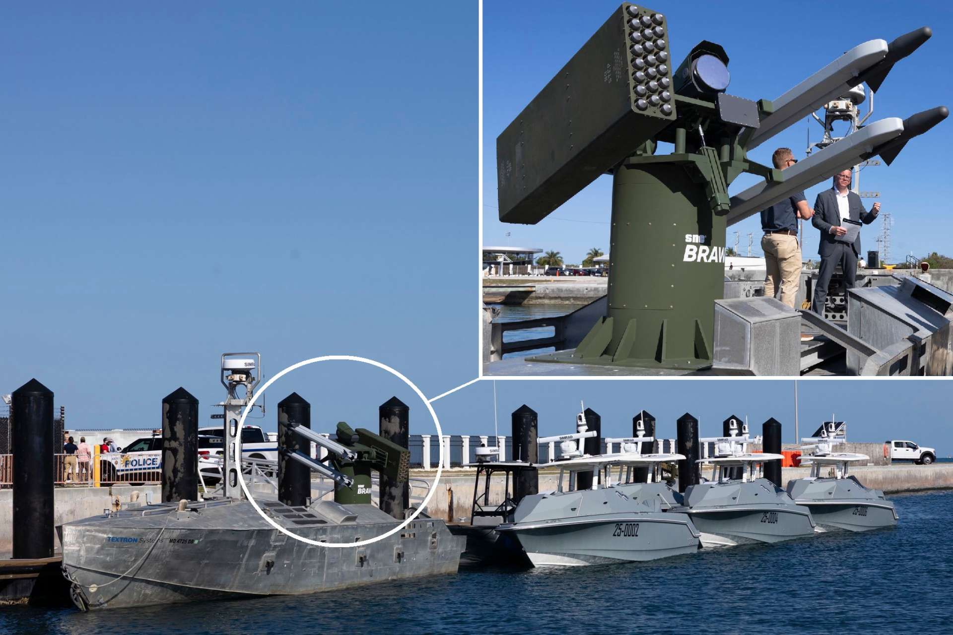 Textron’s CUSV unmanned surface vessel equipped with SNC’s BRAWLR launcher during FLEX 2026 in Key West, demonstrating a mobile short-range air-defense capability using 70 mm laser-guided rockets to counter drones and low-flying threats while extending fleet protection without risking crewed ships (Picture source: U.S. DoW).